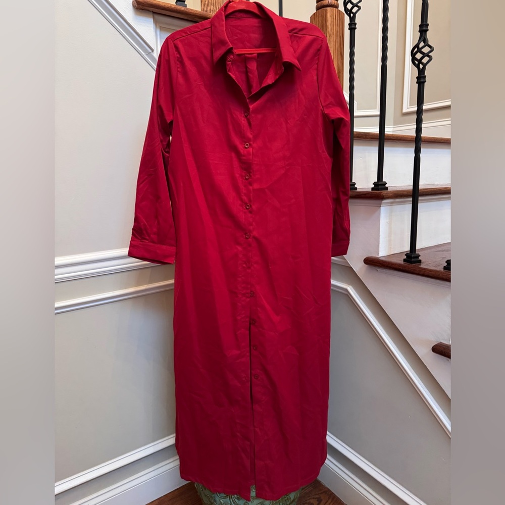 Elegant Red Maxi Shirt Dress